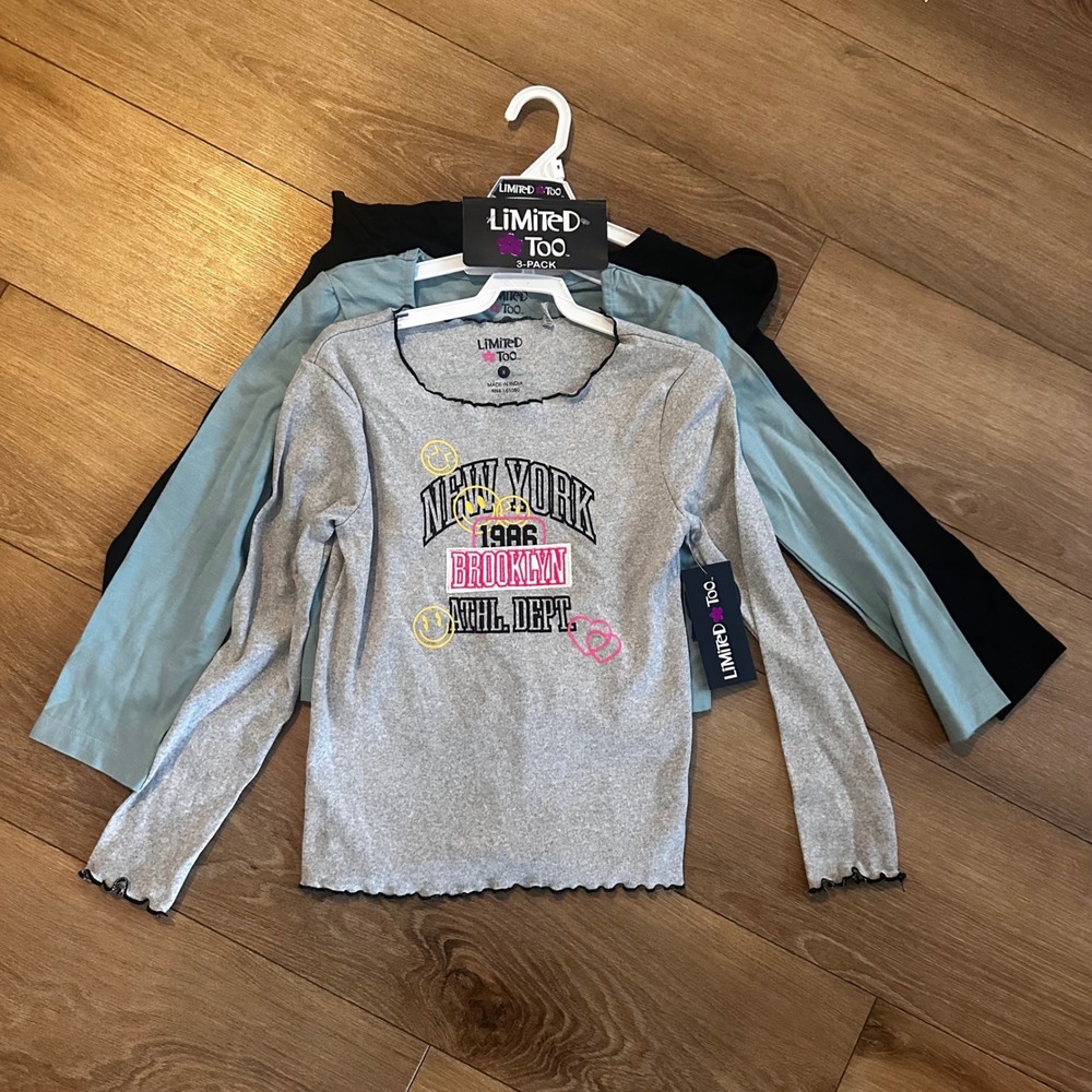Limited Too Girls 3 Pack Long Sleeve Tops Grey Teal Black Size 8 NWT